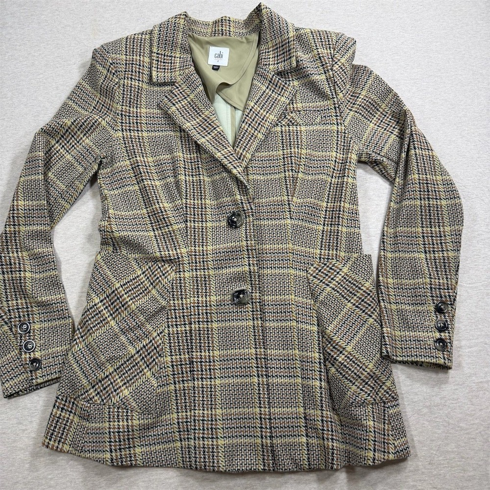 Cabi Blazer Jacket Womens Size 2 Plaid‎ Houndstooth Brown Tan Yellow Lined
